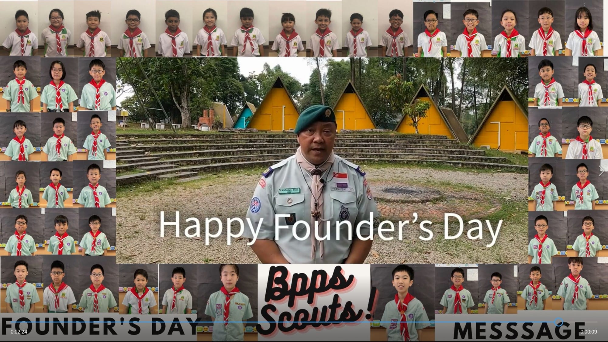 Scout leader outdoors with triangle cabins, surrounded by grid of young scouts, text reads Happy Founder's Day BPPS Scouts.